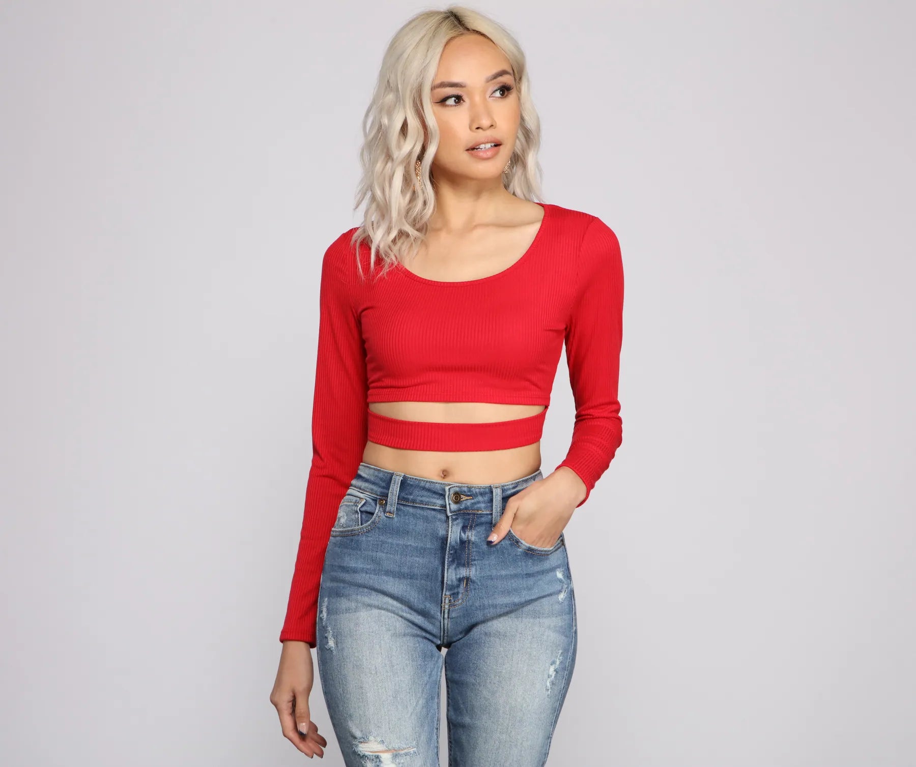 Cropped long sleeve shirt for women with ribbed texture and casual look-Cut To The Chase Crop Top