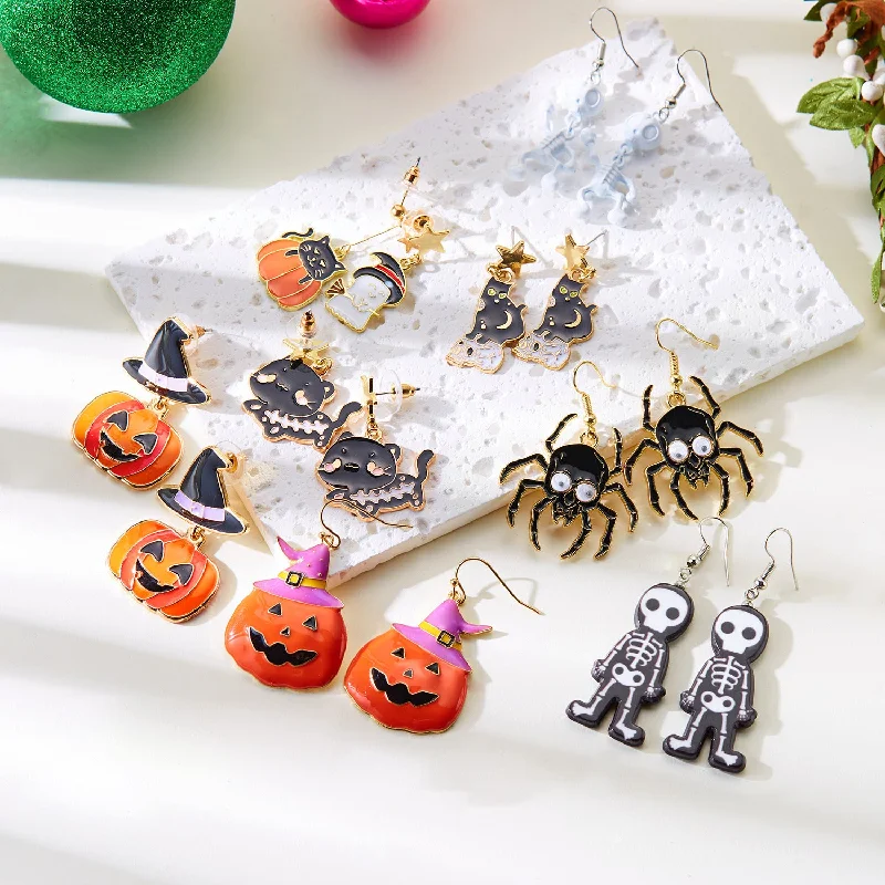 Maximalist Drop Earrings for Bling -Wholesale Dark Style Halloween Skull Spider Skeleton Pumpkin Earrings