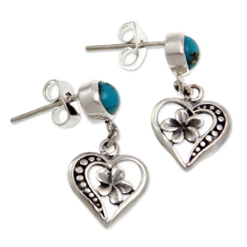 African Drop Earrings with Culture -Handcrafted Sterling Silver 'Frangipani Hearts' Turquoise Earrings (Indonesia) - 0.9L*0.4W