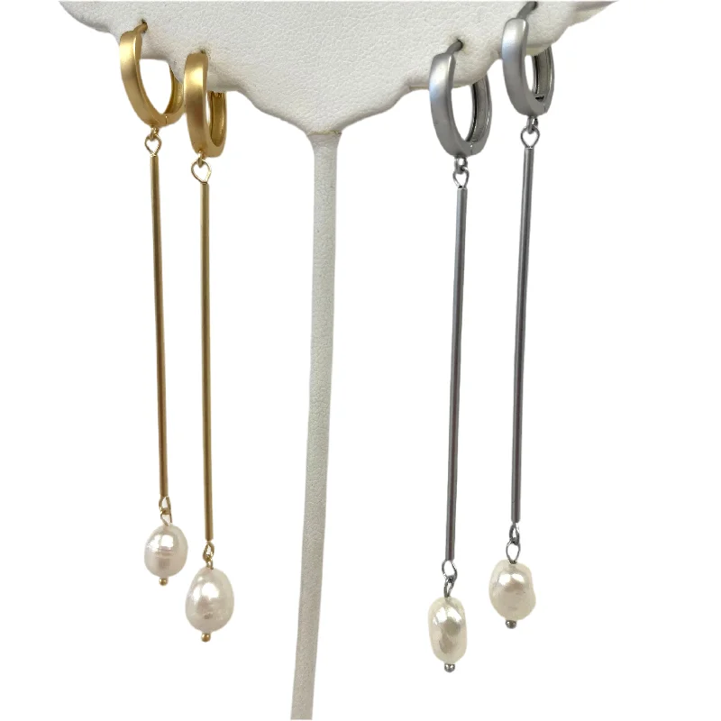 Long Drop Earrings for Dramatic -Huggie Drop Earrings With Freshwater Pearl