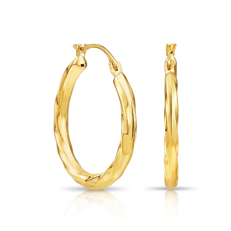 Vintage Drop Earrings with Patina -14K Yellow Gold Twisted Hoop Earrings, 22mm