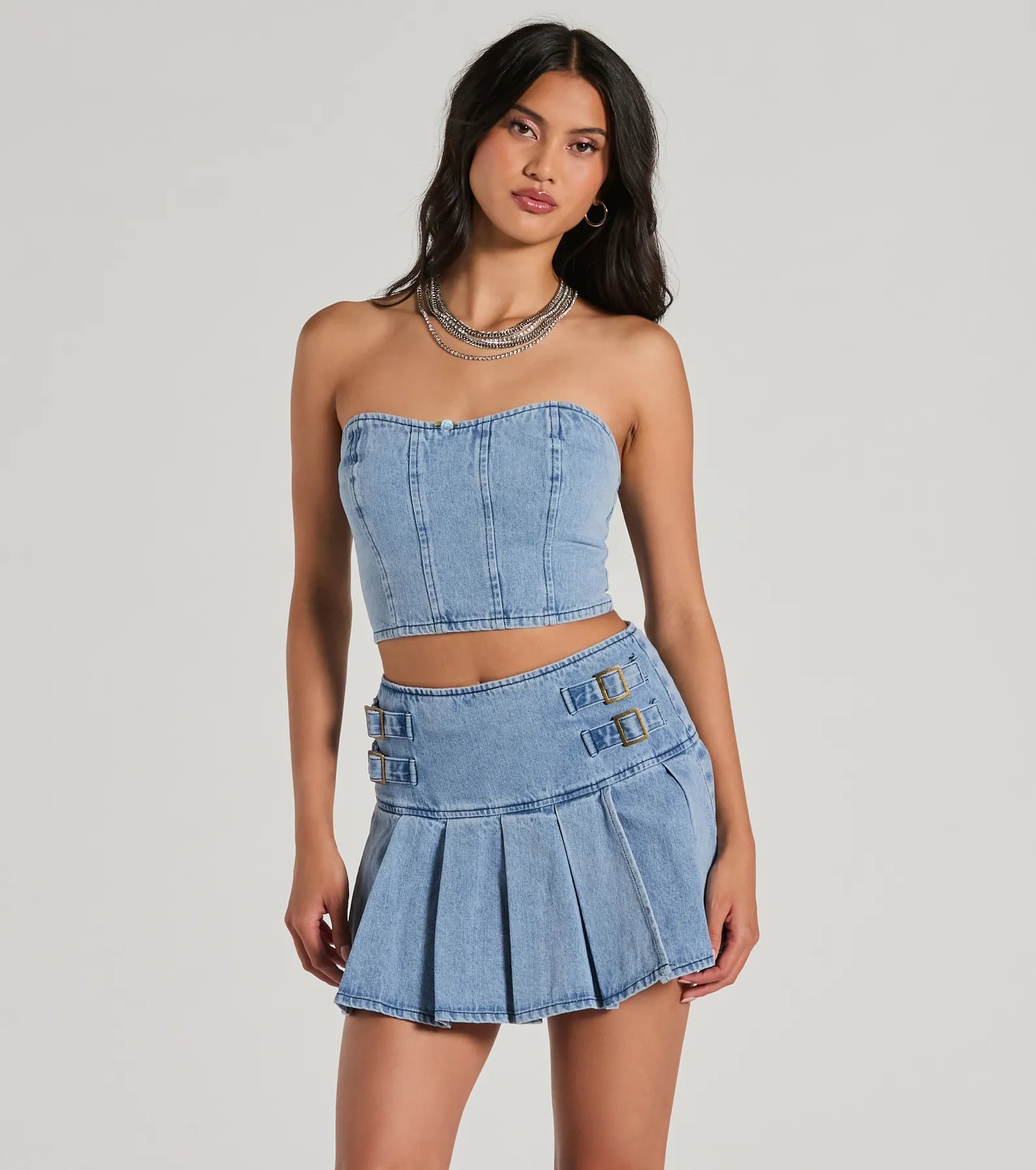 Plunging neckline crop top for women with daring design and bold style-Flirty Duo Strapless Sweetheart Denim Crop Top