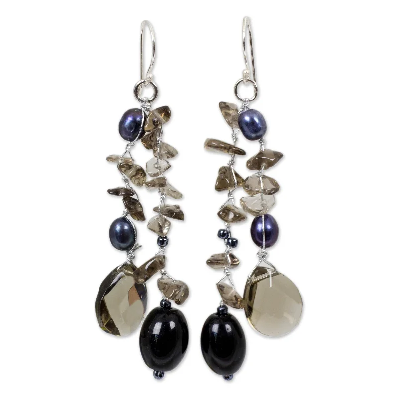 Drop Earrings for Evening Gown -Silver Nocturnal Symphony Black Pearl Waterfall Chandelier Earrings (5 mm) - 3.2*0.8