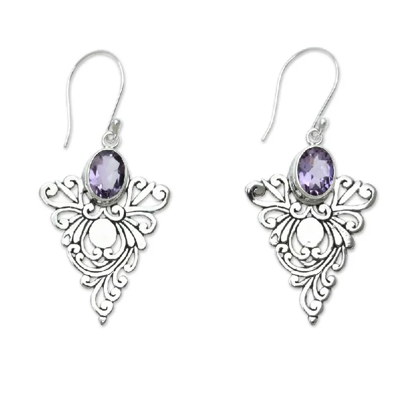 Drop Earrings with Etched Designs -Handmade Sterling Silver 'Java Peacock' Amethyst Earrings (Indonesia)