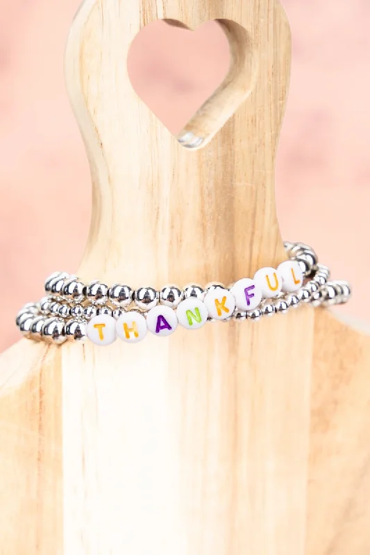 Bracelets with delicate amethyst for purple glow -Tiled Letter 'Thankful'  Silvertone Beaded Bracelet Set