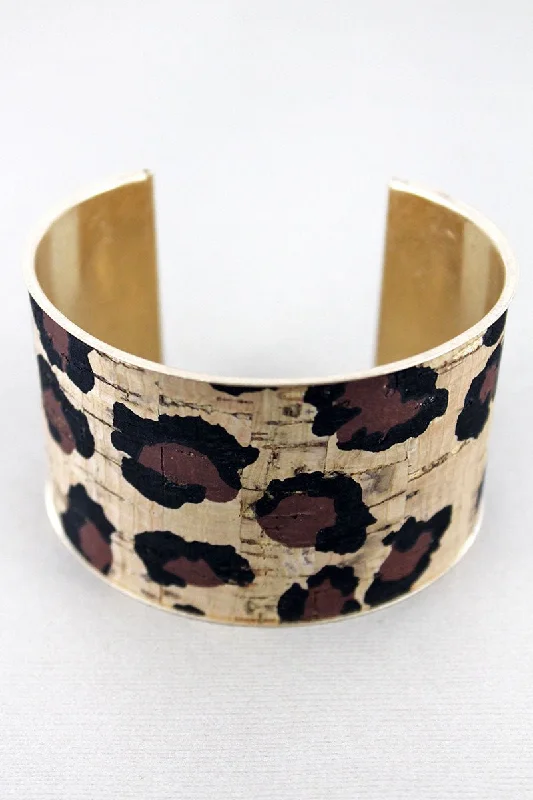 Bangles with raw sapphire for rugged chic -SALE! Leopard Cork and Goldtone Cuff Bracelet