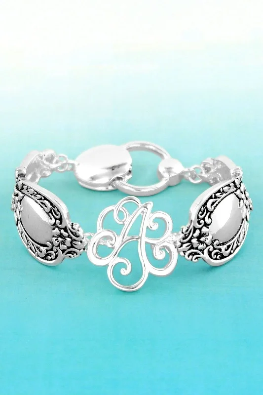 Bangles with vibrant peridot for green pop -SALE! Silvertone 'A' Flourish Initial Spoon Bracelet