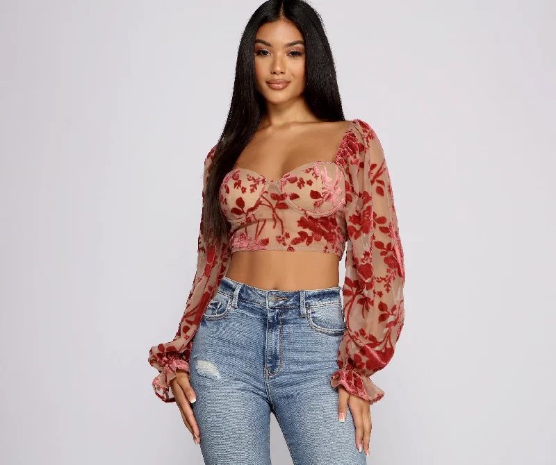 Cropped tank top for women with trendy straps and loose fit-Romantic Vibes Floral Burn Out Crop Top