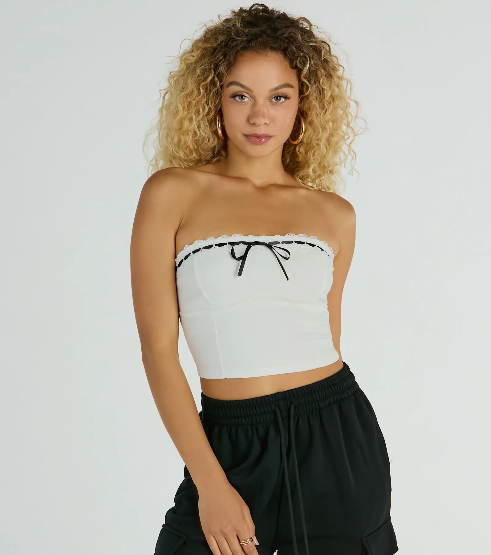 Polka dot crop top for women with fun pattern and playful design-Falling For You Strapless Lace Ribbon Crop Top