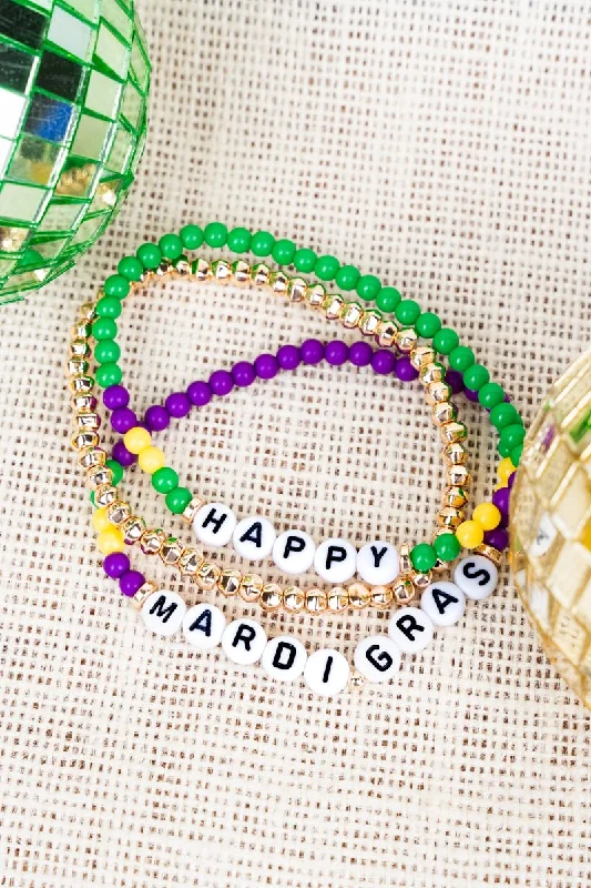 Bracelets with polished turquoise for boho style -Tiled Letter 'Happy Mardi Gras' Beaded Bracelet Set