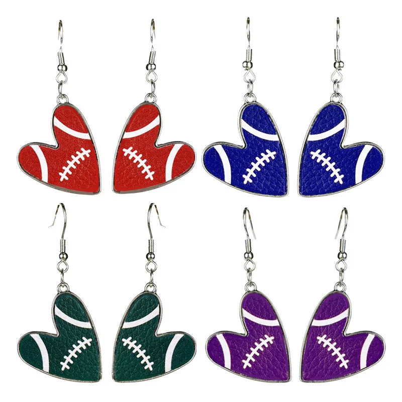 Drop Earrings with Knot Designs -Wholesale 2 Pairs/pack Football Heart Multicolor Team Leather Earrings