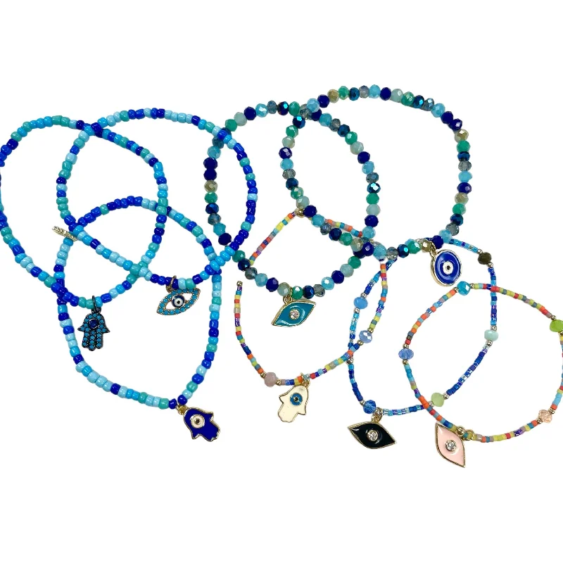 Bracelets with lotus motifs for spiritual vibe -Colorful Beaded Evil Eye And Hamsa Stretch Bracelets