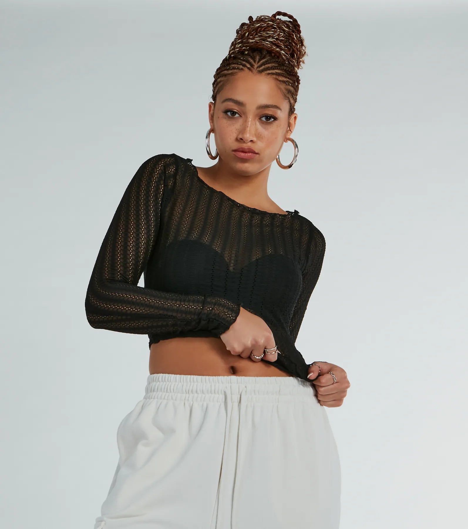 Layered ruffle crop top for women with feminine frills and chic design-Perfectly Delicate Long Sleeve Lace Crop Top