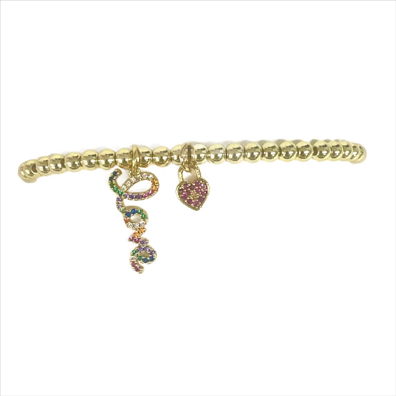 Bracelets with spiral designs for eye-catching twist -Gold Beaded Stretch Bracelet With Rainbow "Love" Charm