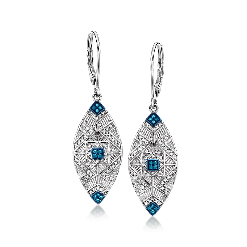 Drop Earrings with Keyhole Designs -Ross-Simons White and Blue Diamond Marquise-Shaped Drop Earrings in Sterling Silver