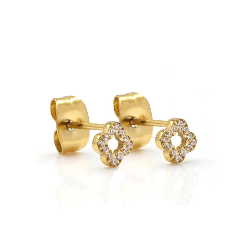 Drop Earrings for Wedding Ceremony -Dainty CZ Clover Earrings - Yellow Gold