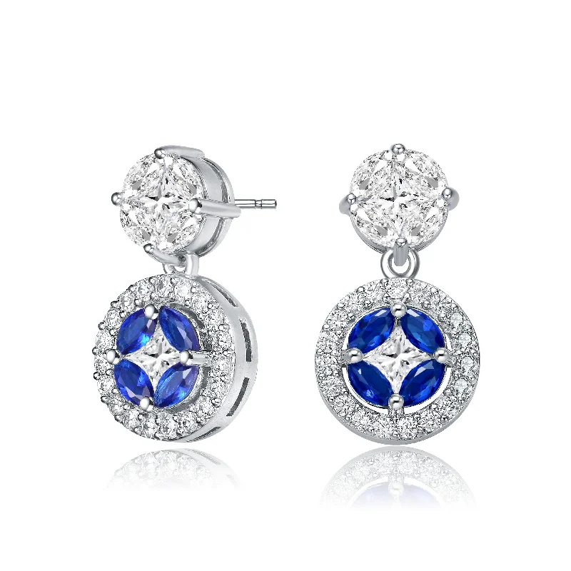 Lightweight Drop Earrings for All Day -Sterling Silver With Rhodium Plated Blue Marquise With Clear Princess And Round Cubic Zirconia Accent Drop Earrings