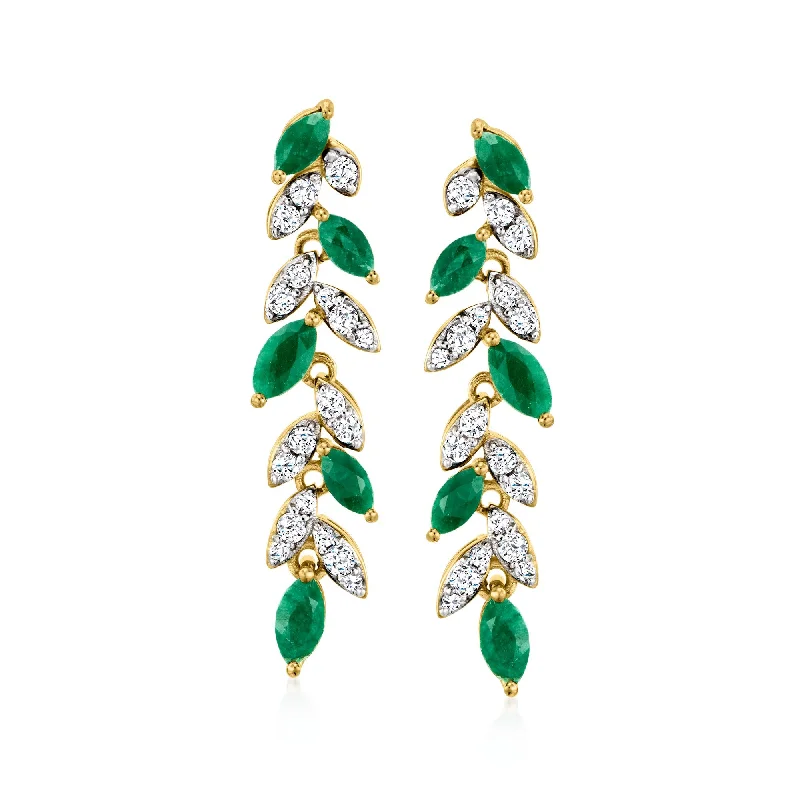 Indian Drop Earrings with Intricacy -Ross-Simons Emerald and . White Topaz Leaf Drop Earrings in 18kt Gold Over Sterling