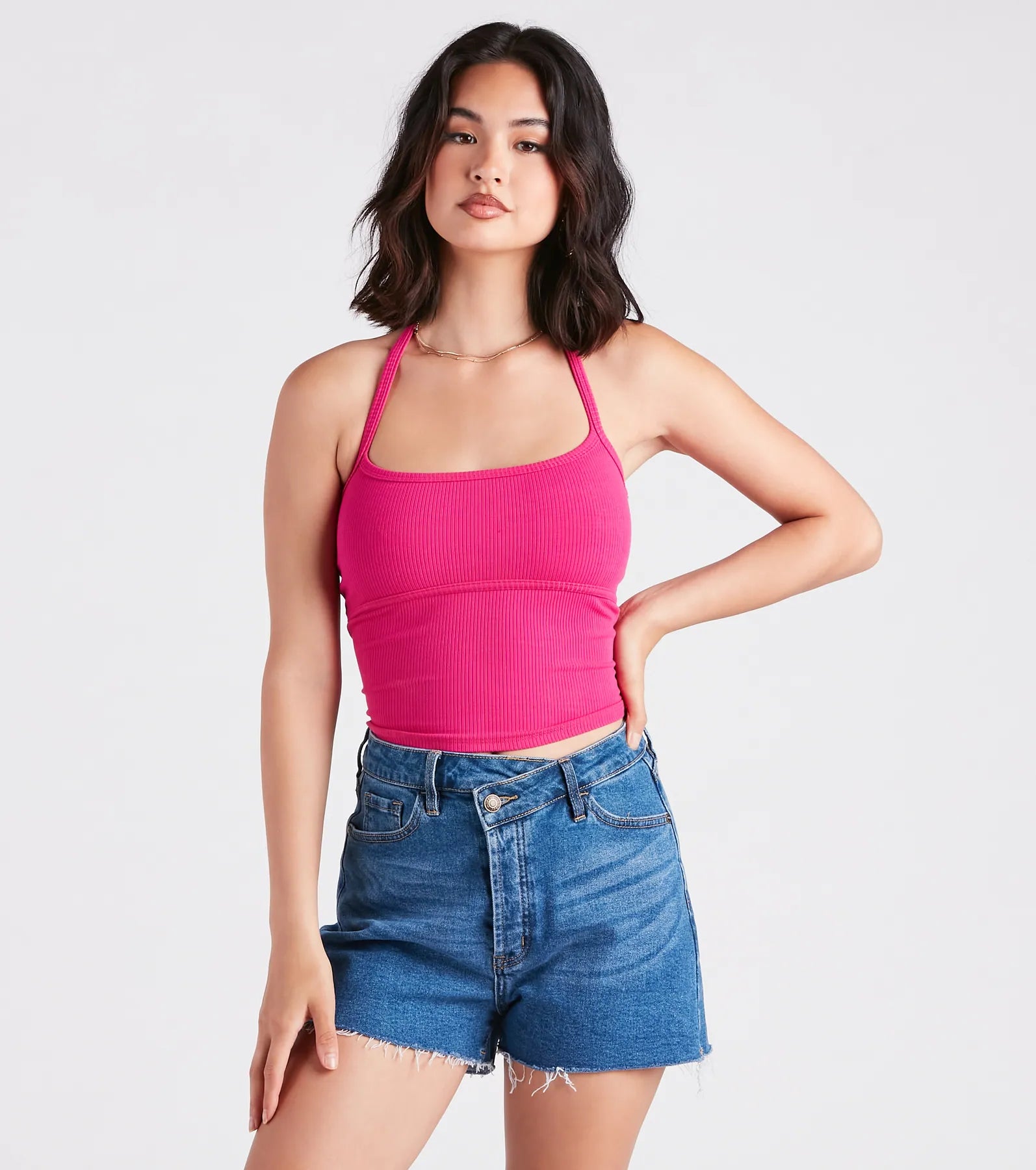 Cropped camisole top for women with satin finish and adjustable straps-Back To Basics Halter Rib Knit Crop Top