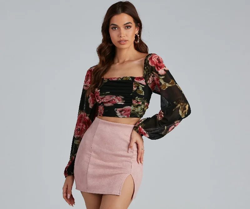 Cropped tank top for women with trendy straps and loose fit-Be Mine Floral Lace Up Crop Top