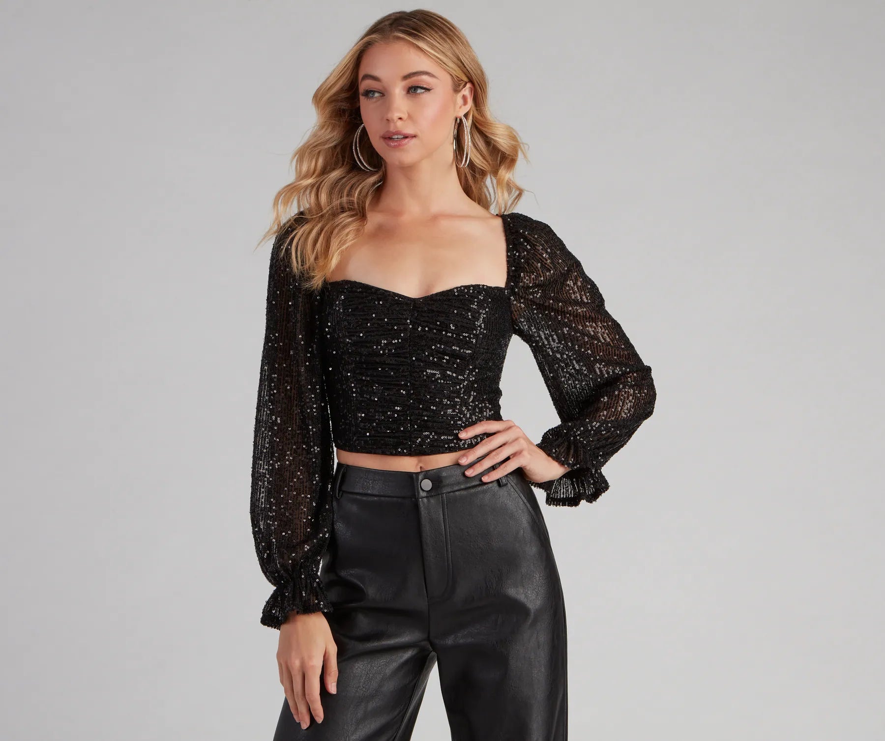 Velvet crop top for women with soft texture and luxurious feel-Chandelier Sequin Long Sleeve Crop Top