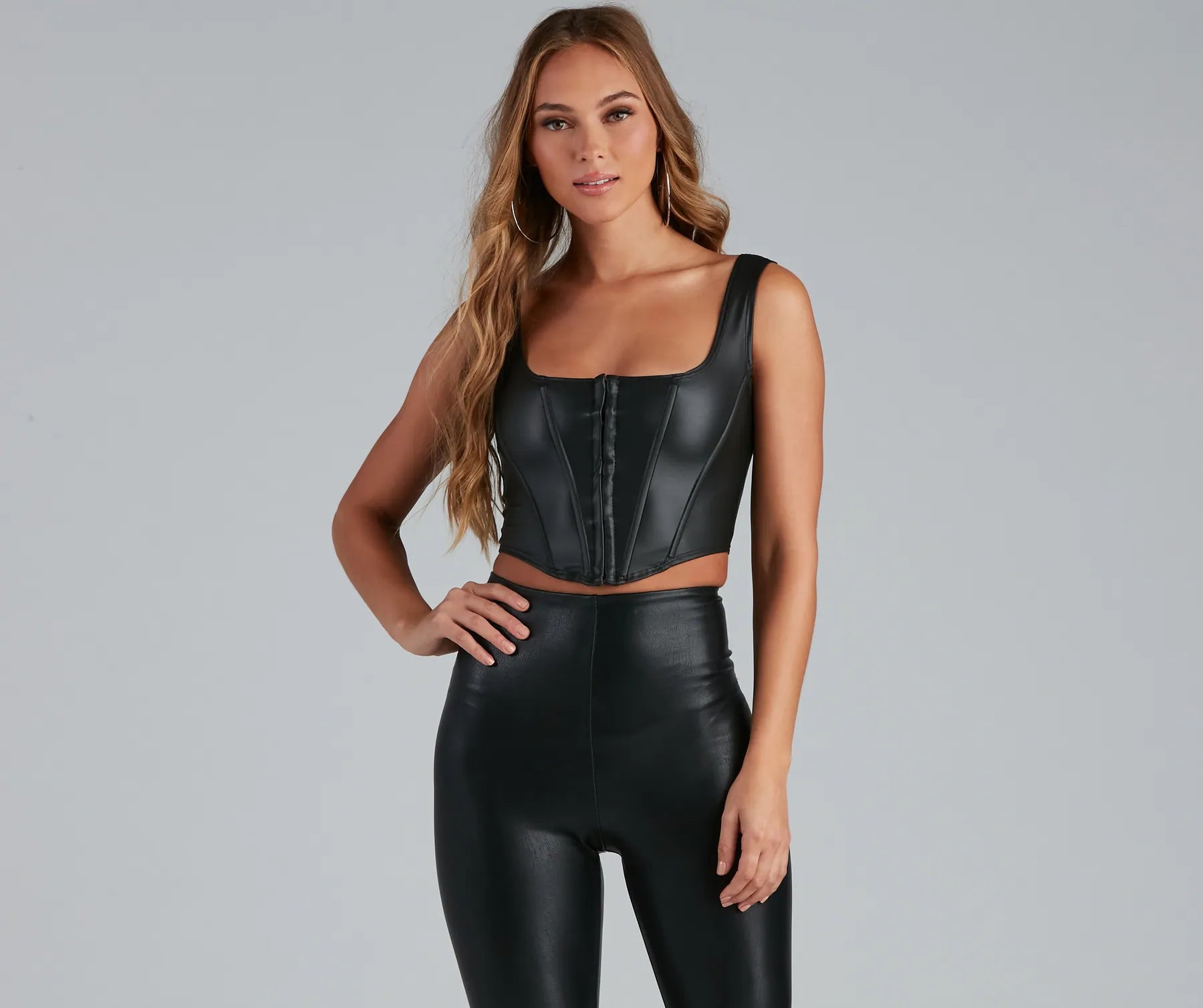 High-waisted crop top for women with flattering cut and trendy look-Cute Corset Faux Leather Crop Top