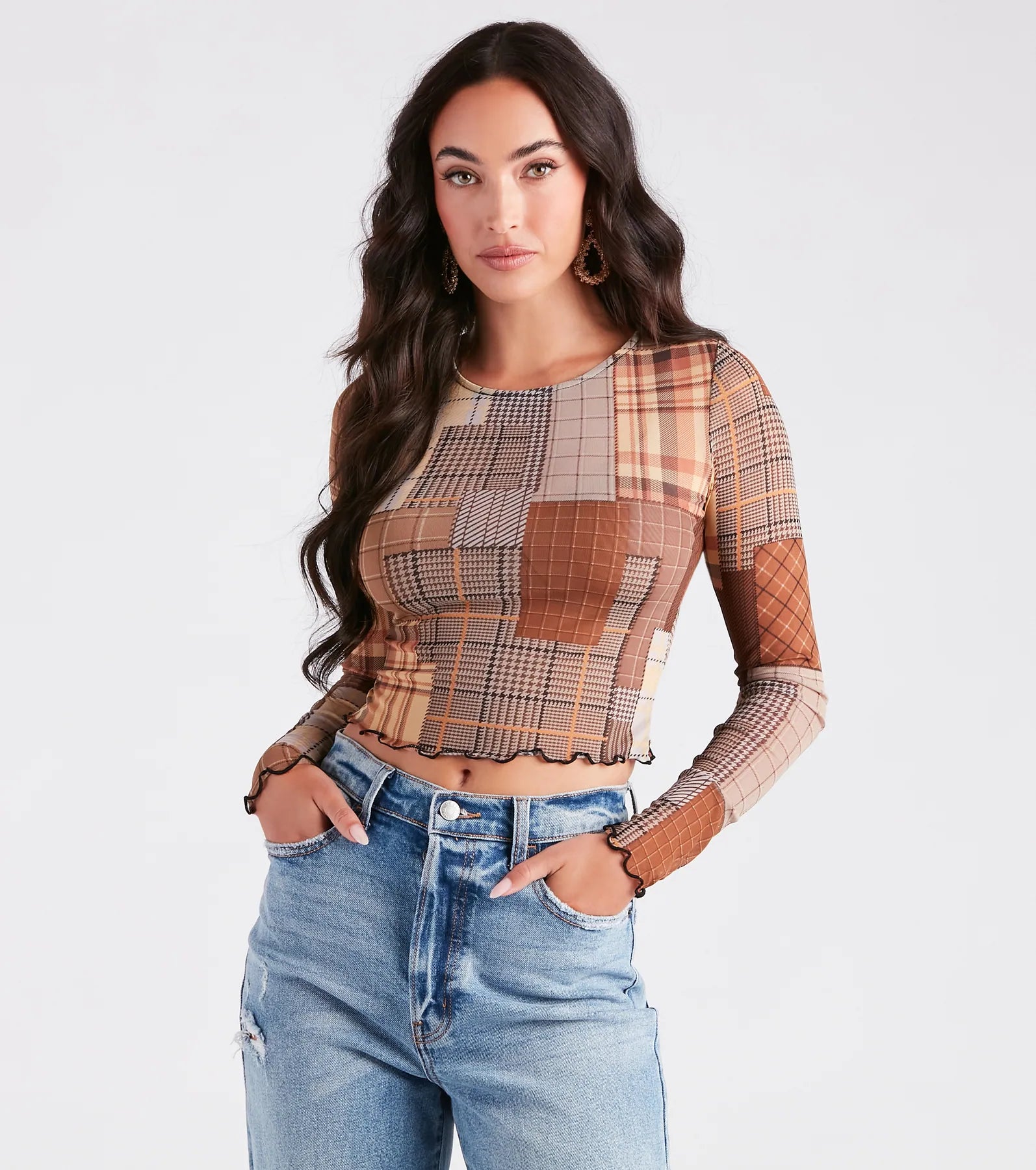 Cropped knit cardigan for women with cozy texture and laid-back style-Cutie In Plaid Long Sleeve Mesh Crop Top