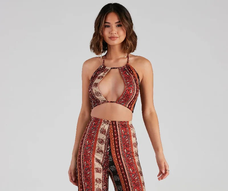 Cropped camisole top for women with satin finish and adjustable straps-Desert Dreamer Halter Crop Top