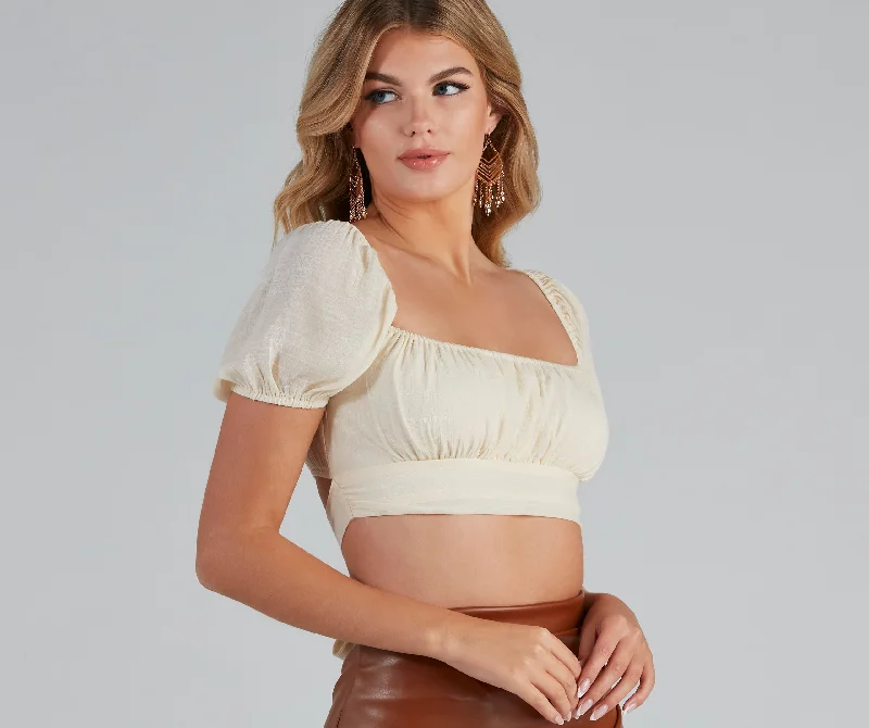 Summer crop top for women with lightweight material and breezy fit-Effortless Vibes Puff Sleeve Crop Top