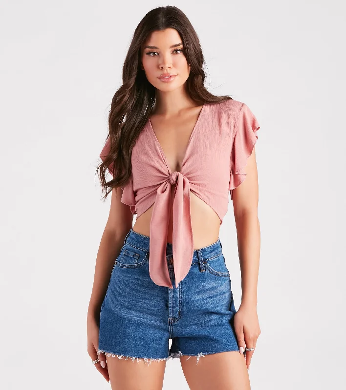 Cropped sweater top for women with oversized design and relaxed fit-Feeling Fluttered Tie-Front Crop Top