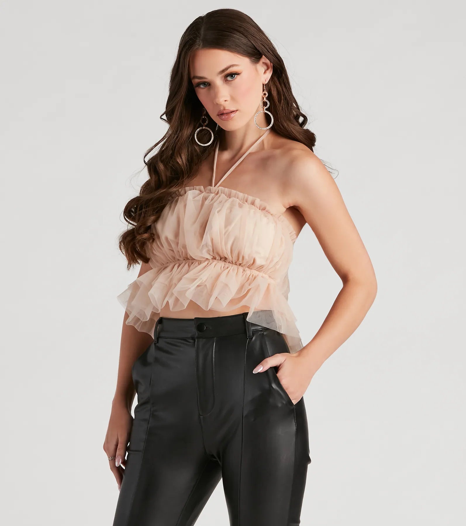 Ruffle crop top for women with fun details and soft, feminine touch-Flirtatious Flair Ruffle Mesh Crop Top