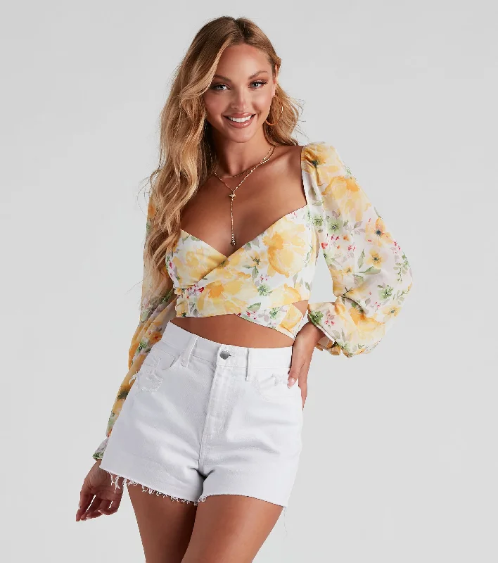 Long-sleeve mesh crop top for women with breathable material and edgy appeal-Floral Bloom Chiffon Crop Top