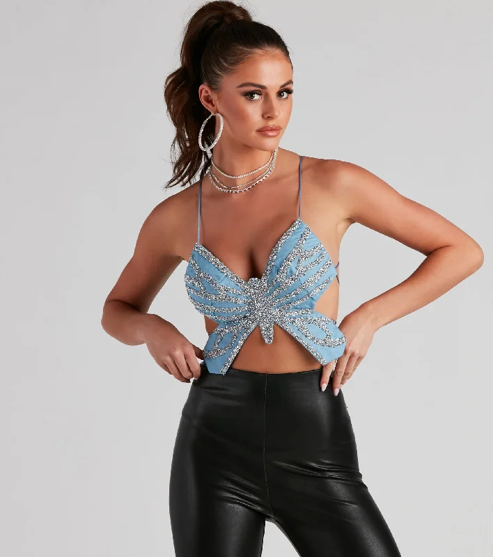 Elegant satin crop top for women with luxurious texture and chic appearance-Glam Icon Butterfly Crop Top