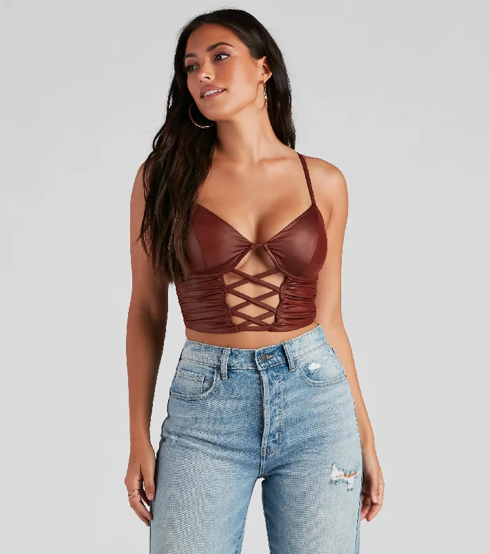 Lightweight crop top for women with airy fabric and breathable design-Late Night Faux Leather Lattice Crop Top