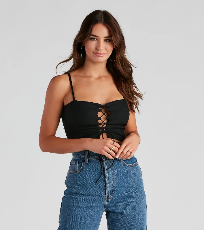 Cropped halter top for women with neck tie and summer-ready look-Love It Lace-Up Crop Top