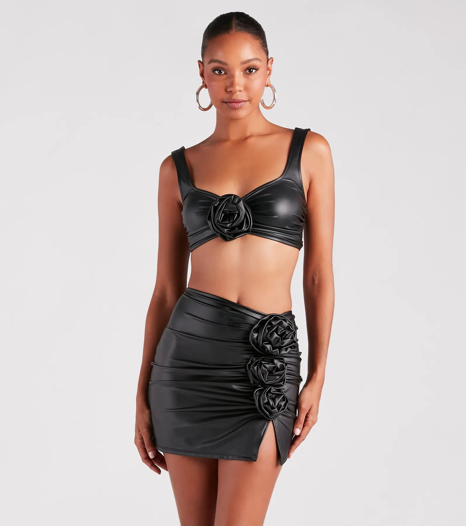 Minimalist crop top for women with simple design and clean lines-Make It Bloom Faux Leather Rosette Crop Top