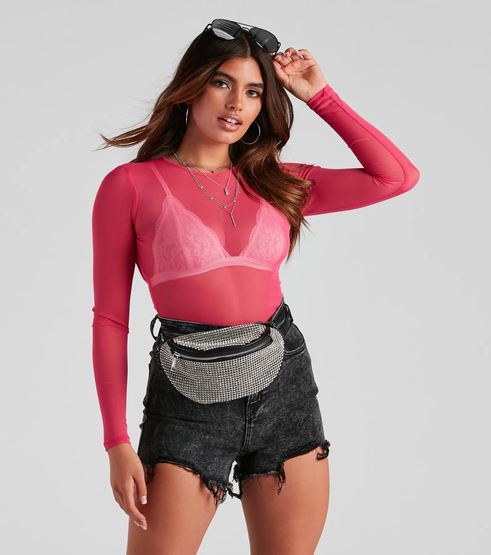 Cropped off-shoulder blouse for women with feminine details and elegant style-Mesh It Up Long Sleeve Crop Top