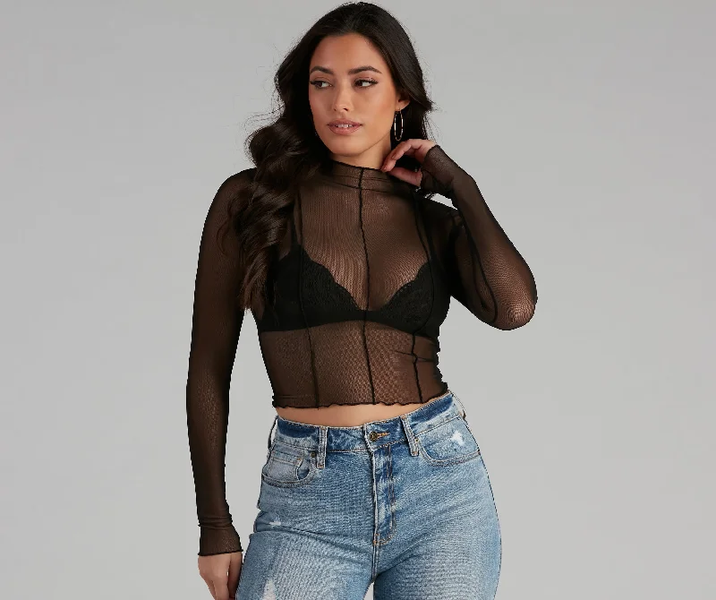 Cropped blouse for women with puffed sleeves and stylish flair-Mesh Moment Seam Crop Top