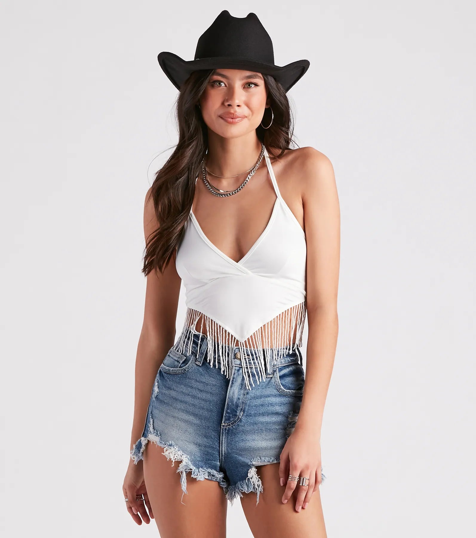 Cropped v-neck blouse for women with flowy sleeves and airy feel-Modern Boho Halter Fringe Crop Top