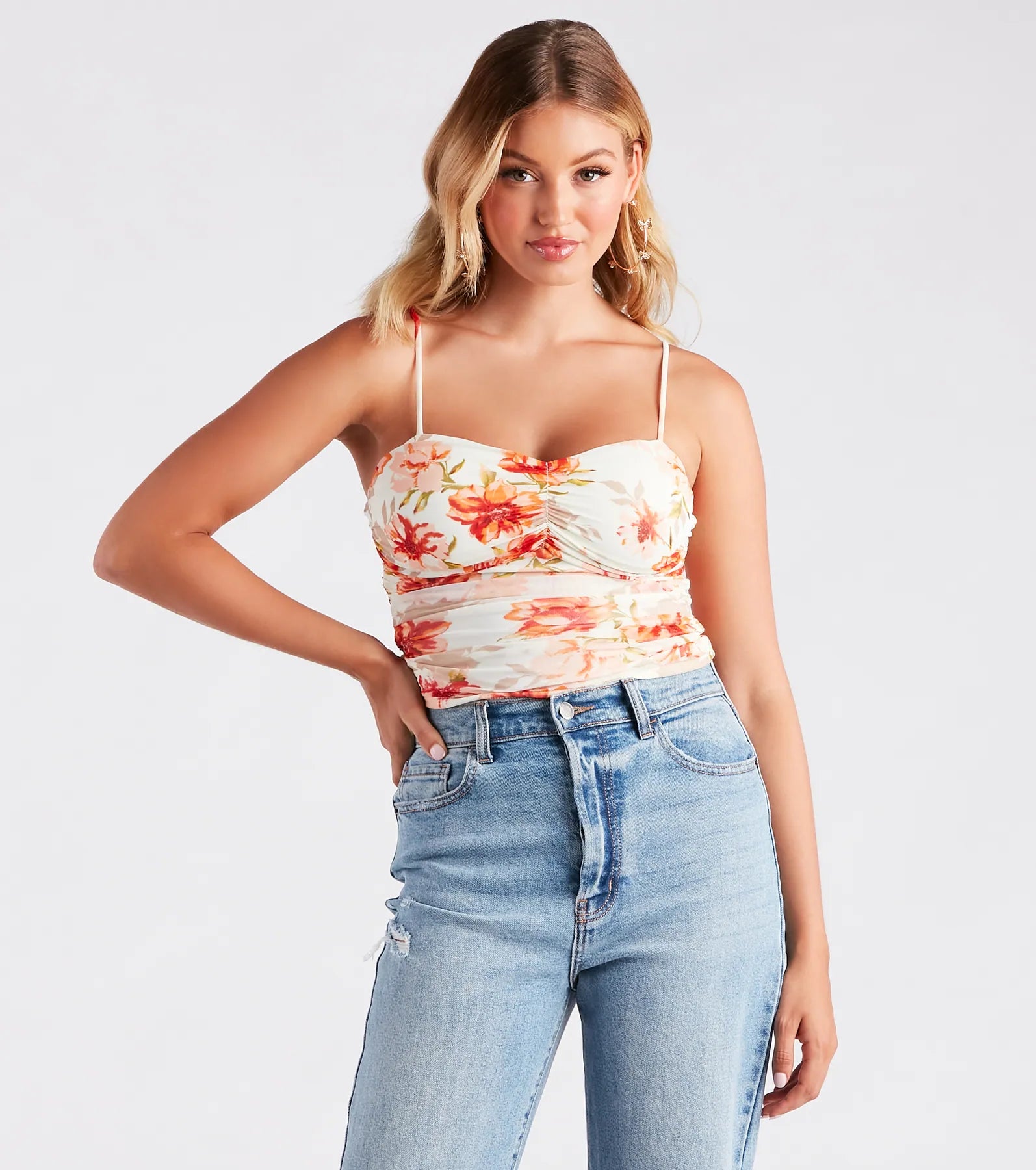 Tied waist crop top for women with knot details and flattering fit-Much Adoration Floral Mesh Crop Top