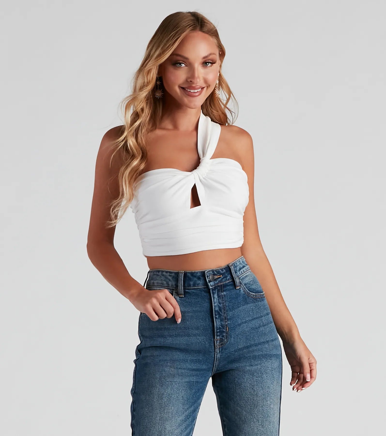 Strappy crop top for women with delicate straps and playful appearance-One Sided Linen Ruched Crop Top