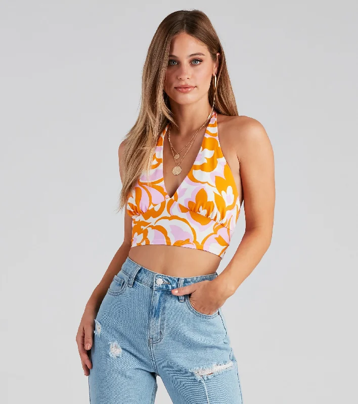 Cropped blouse for women with billowy sleeves and elegant design-Retro Fab Floral Halter Crop Top