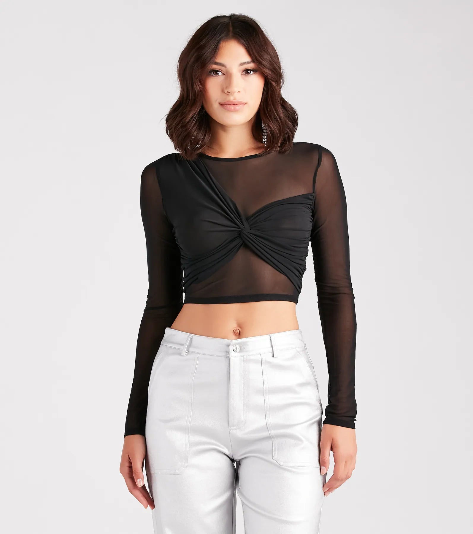 Wide sleeve crop top for women with airy fabric and stylish silhouette-Sheer Stunner Twist-Front Mesh Crop Top