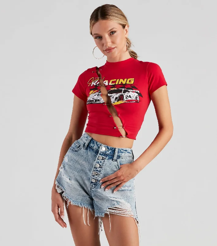 Lace-up crop top for women with corset design and adjustable ties-Speedster Racing Graphic Crop Top