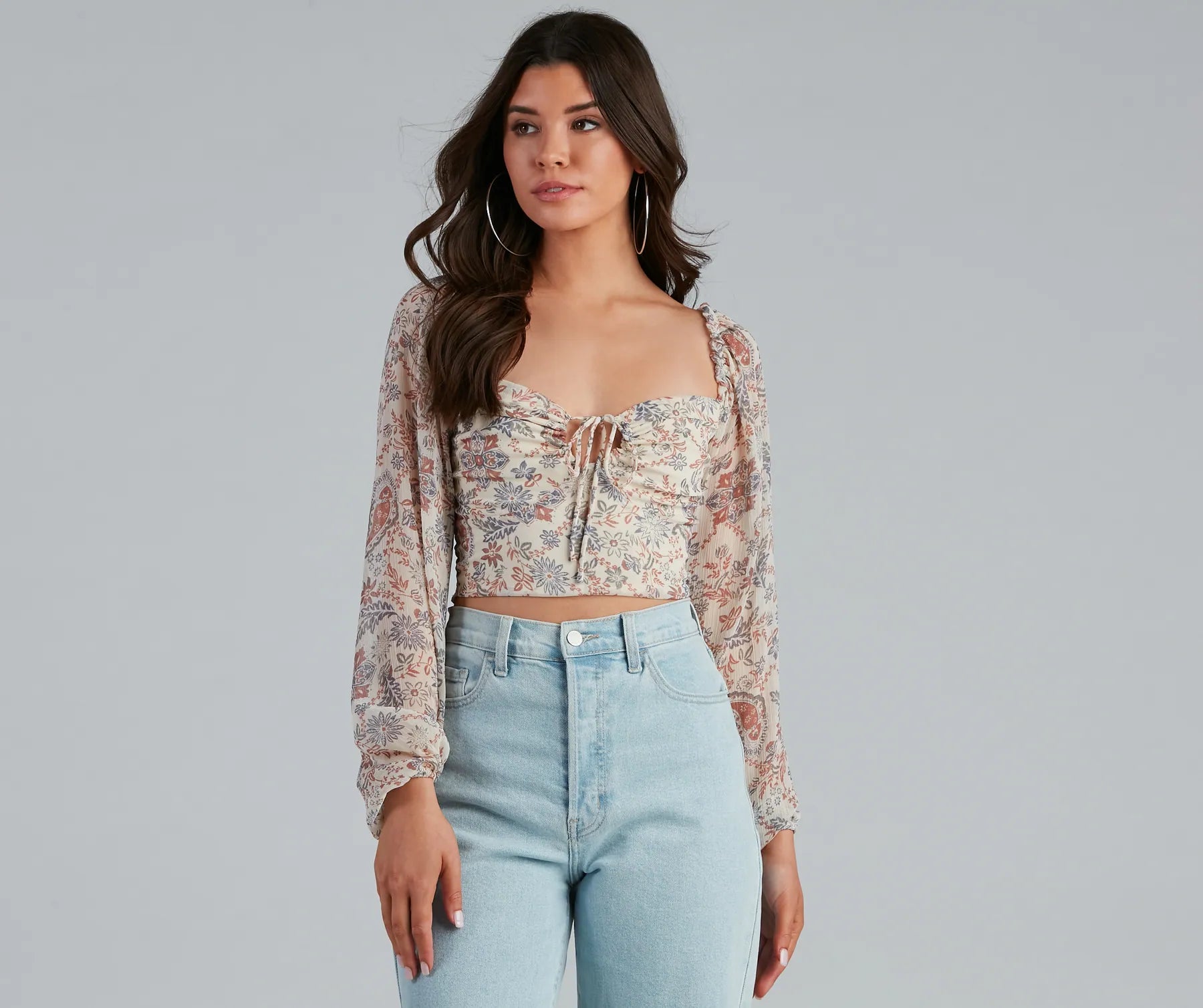 Cropped long sleeve shirt for women with ribbed texture and casual look-Springtime Paisley Chiffon Crop Top