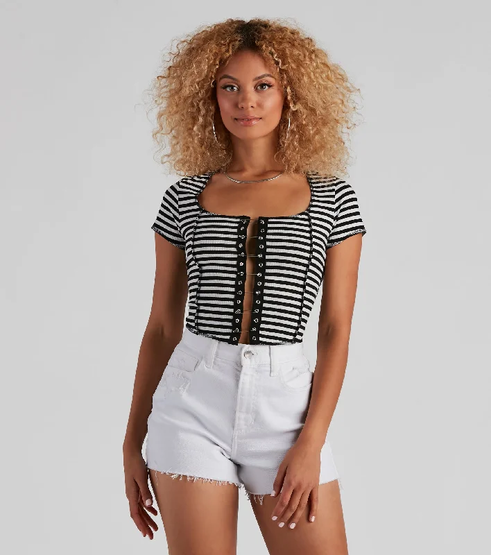 Cropped cardigan for women with button closure and cozy feel-Striped Slay Rib Knit Crop Top