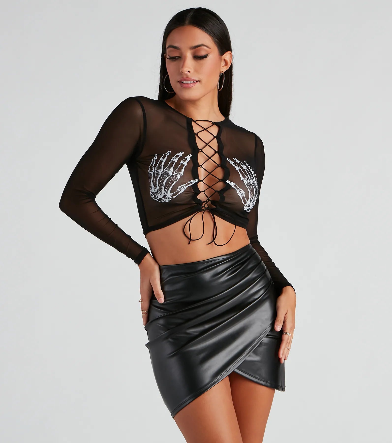 Satin cropped camisole for women with silky feel and elegant design-Sultry Skeleton Lace-Up Crop Top