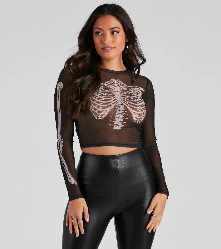 Ribbed crop top for women with textured fabric and body-hugging fit-Sultry Skeleton Mesh Crop Top