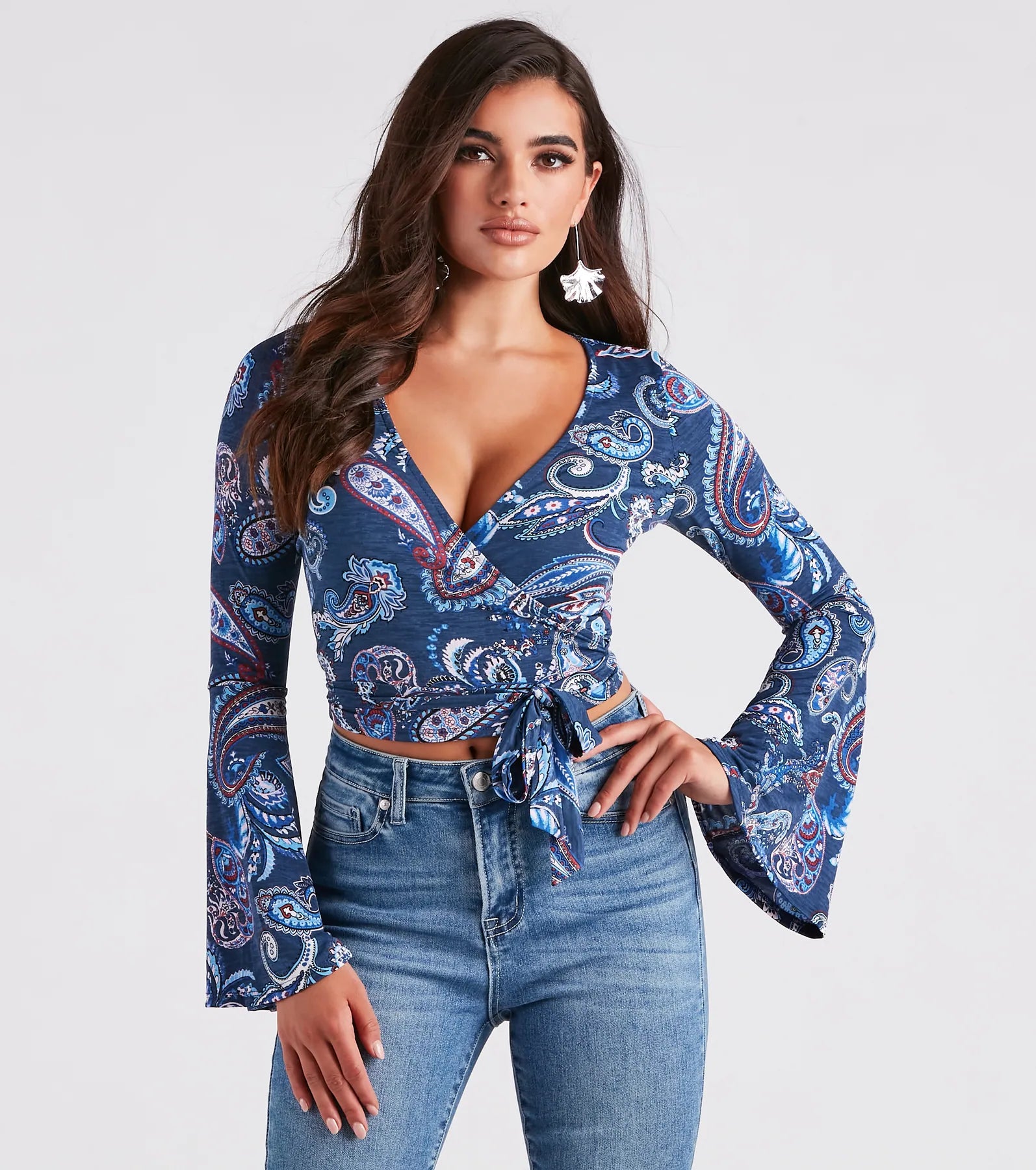 Striped crop top for women with vertical lines and comfortable fit-Sunset Audience Paisley Wrap Crop Top