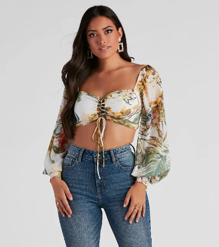 Boho chic crop top for women with loose fit and casual design-Tropical Babe Chiffon Crop Top